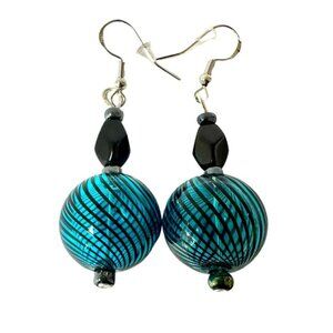 Handmade Italian Murano Bead Earrings Teal Black Swirl
